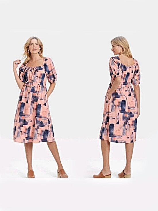 Universal Thread Dresses & Skirts - Universal Thread Abstract Small Cotton Peach Pink Blue Dress Puff Sleeve Pockets